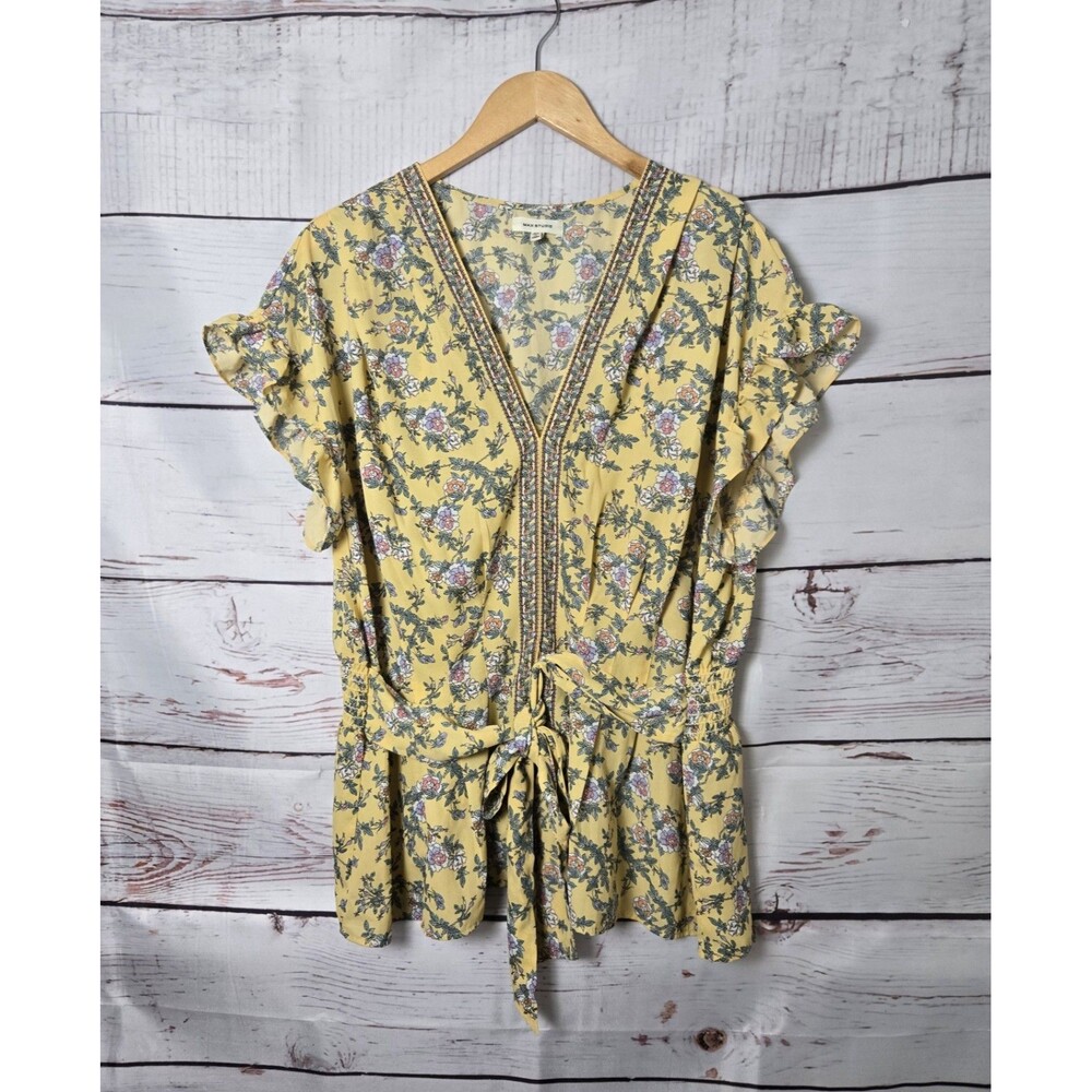 Max Studio Womens Top Size 2X Yellow Floral Print Flutter Sleeve Tie Front Plus